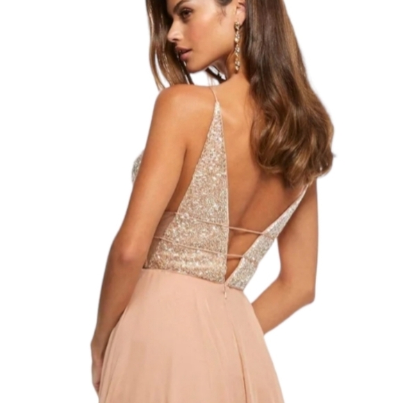 Sherri Hill Beaded Plunging V Neck Chiffon Gown in Nude Pink Color 52589 NWT - Picture 5 of 16